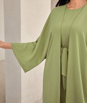Al Najma Solid Color Bell Sleeve Abaya Dress with Waist Belt