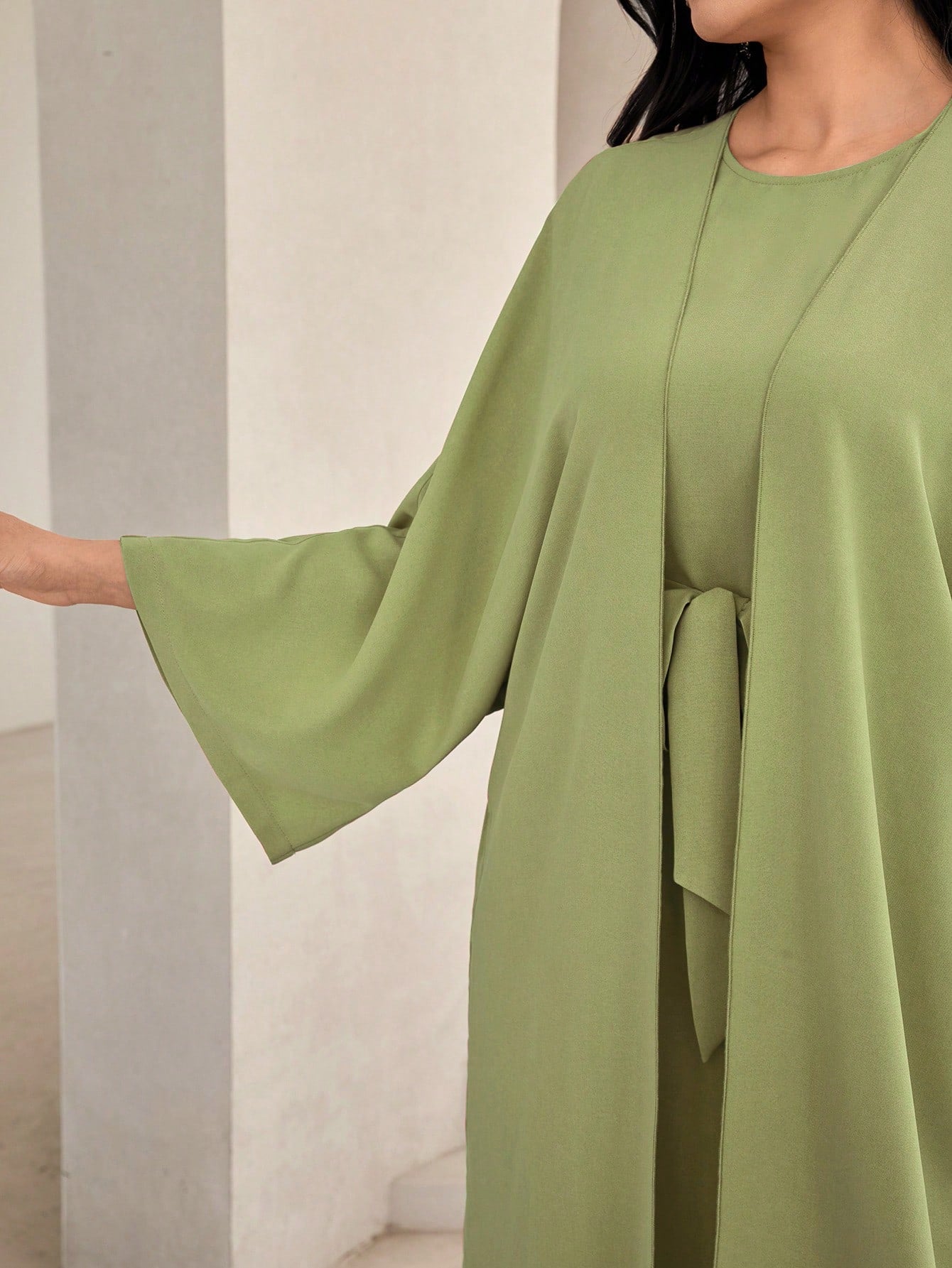 Al Najma Solid Color Bell Sleeve Abaya Dress with Waist Belt