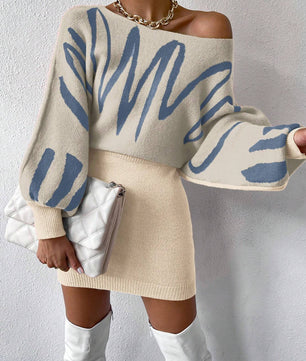 Chiquease Graphic Pattern Batwing Sleeve Sweater Dress