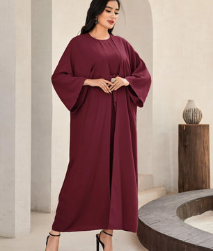 Al Najma Solid Color Bell Sleeve Abaya Dress with Waist Belt