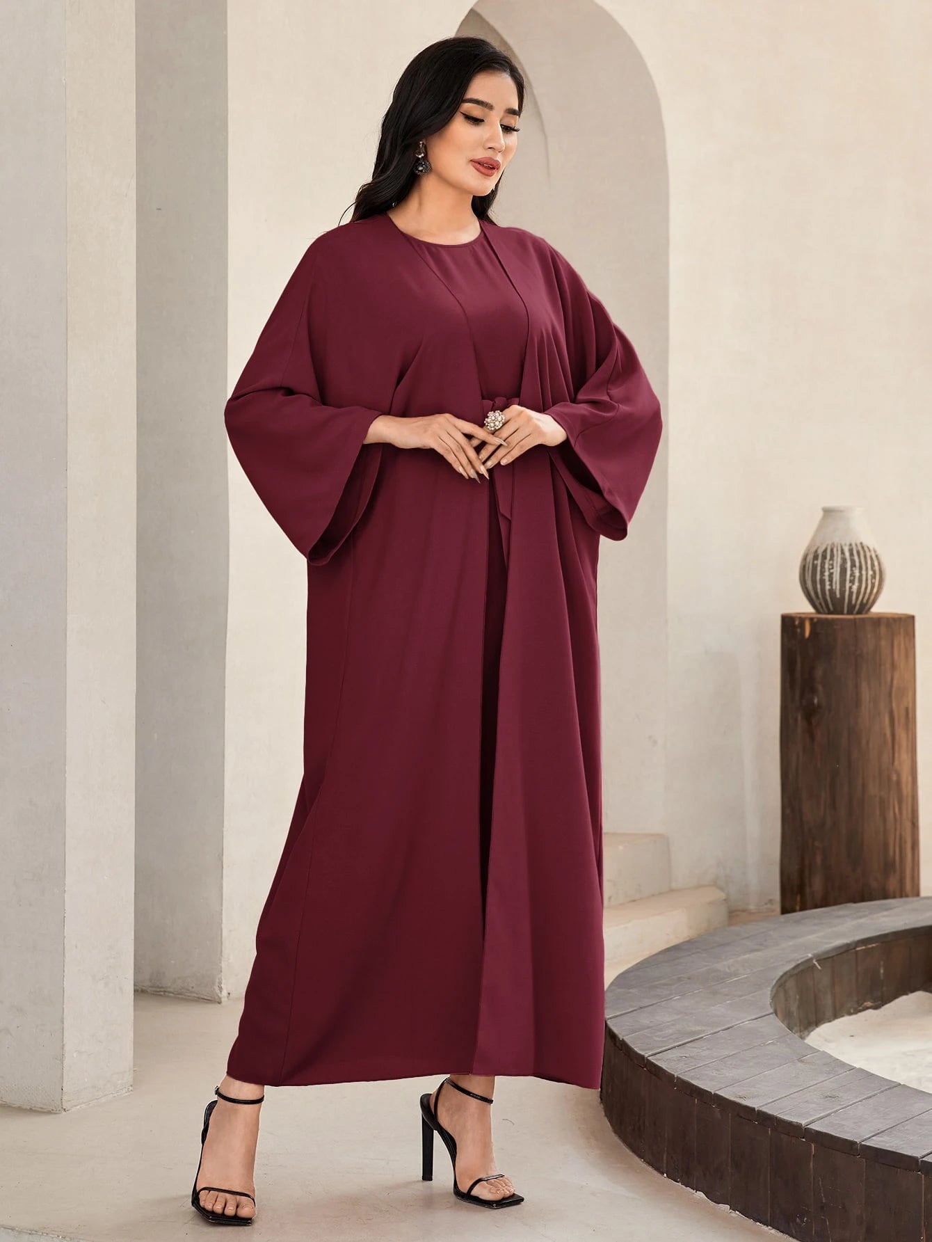 Al Najma Solid Color Bell Sleeve Abaya Dress with Waist Belt