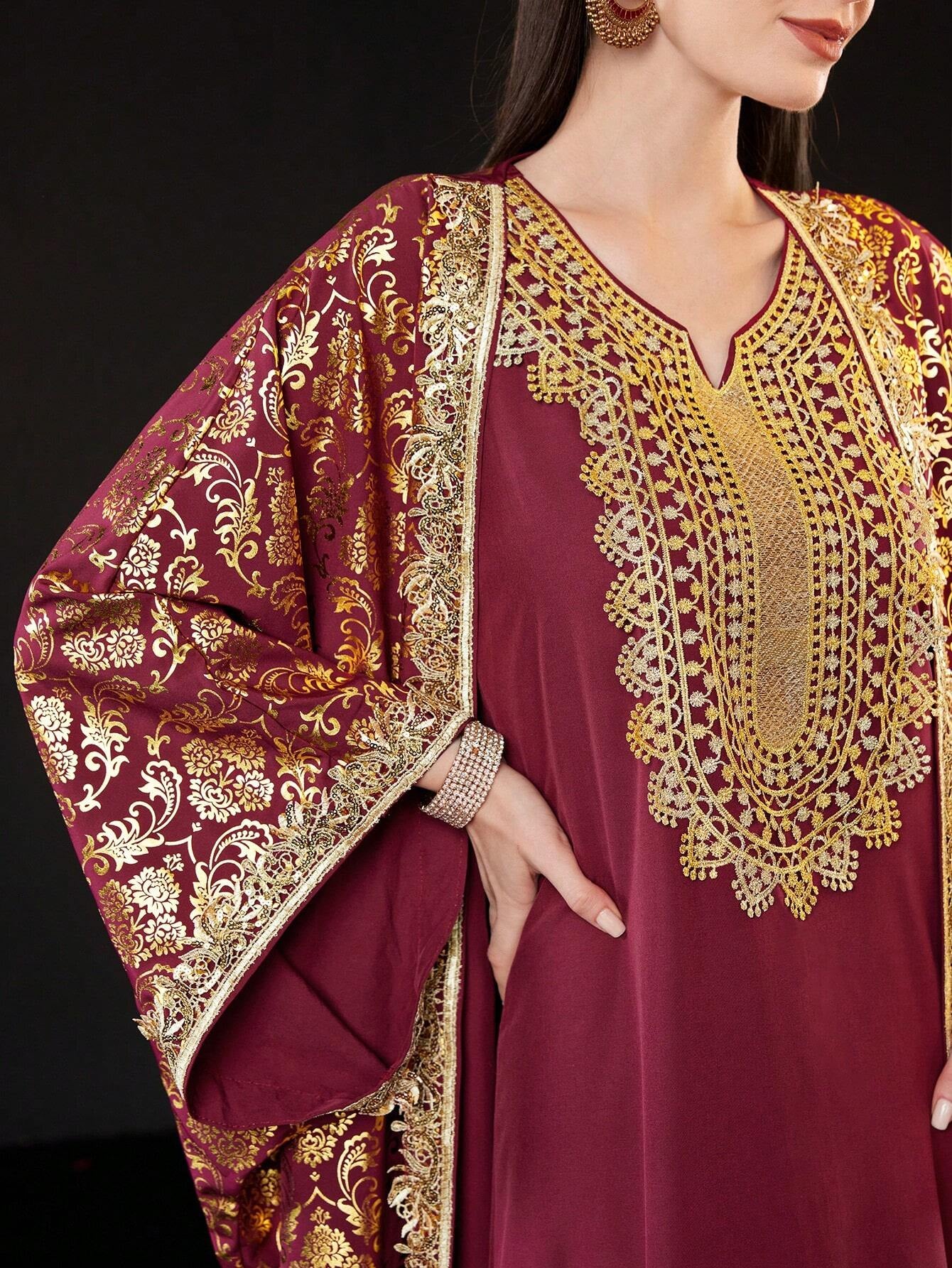 Al Najma Women'S Modest Arabian Dress Kaftan with Gold Print Abaya, Fashion for Casual/Festival/Gathering/Travel