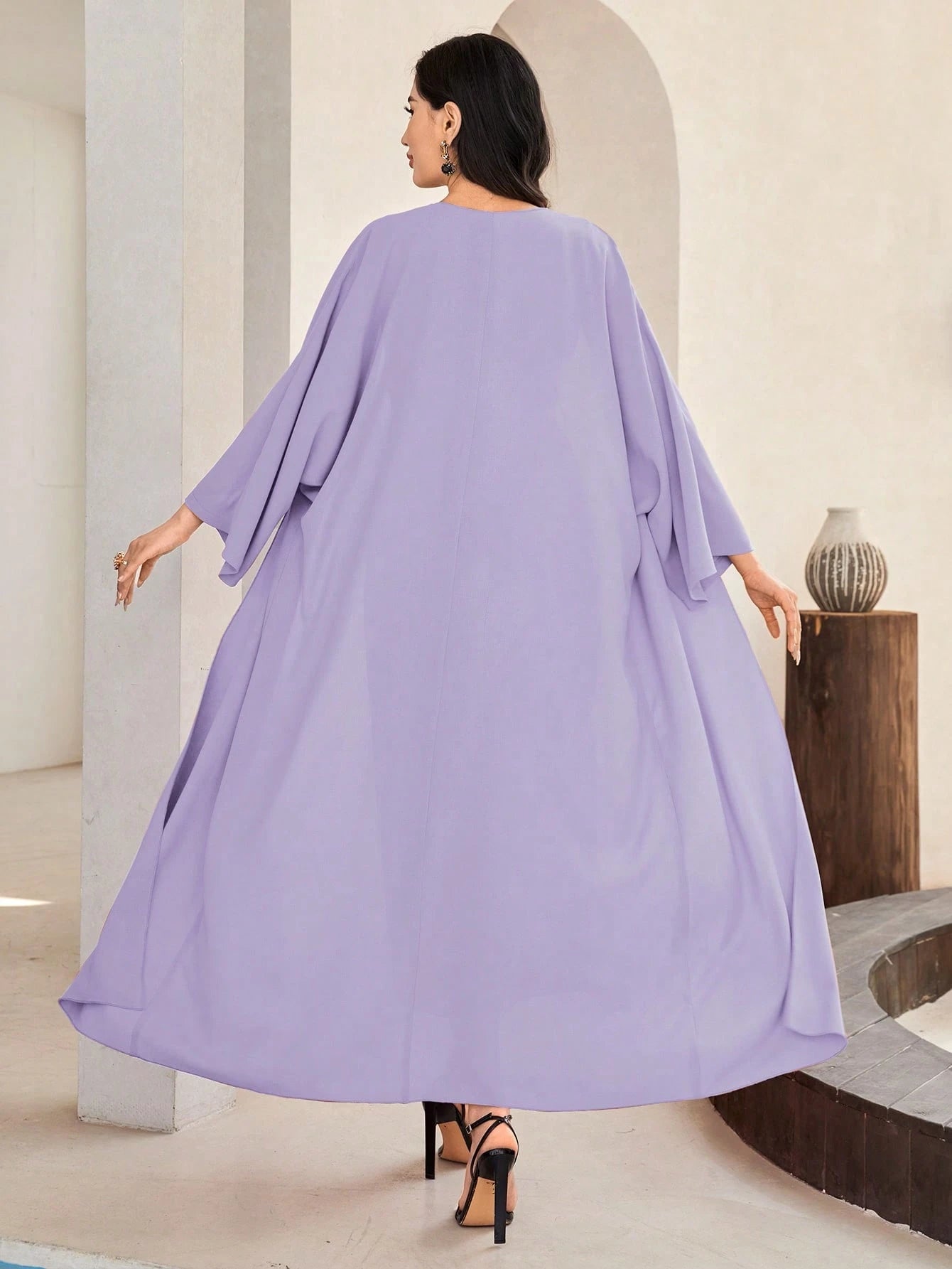 Al Najma Solid Color Bell Sleeve Abaya Dress with Waist Belt