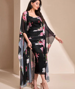 Modelyn Floral Print Cami Bodycon Dress & Open Front Coat Two Pieces 2 Pieces Set