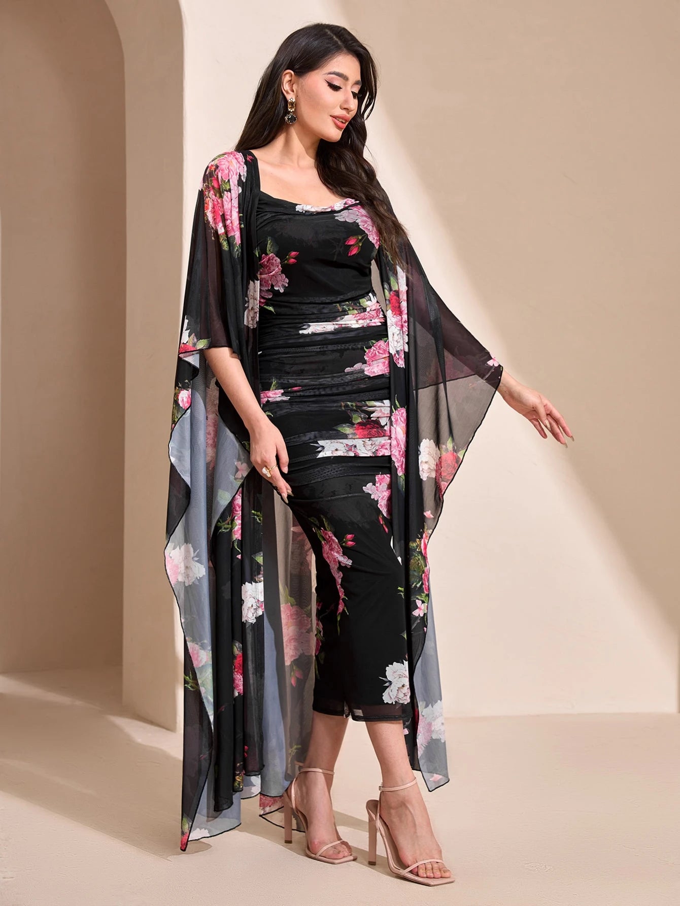 Modelyn Floral Print Cami Bodycon Dress & Open Front Coat Two Pieces 2 Pieces Set