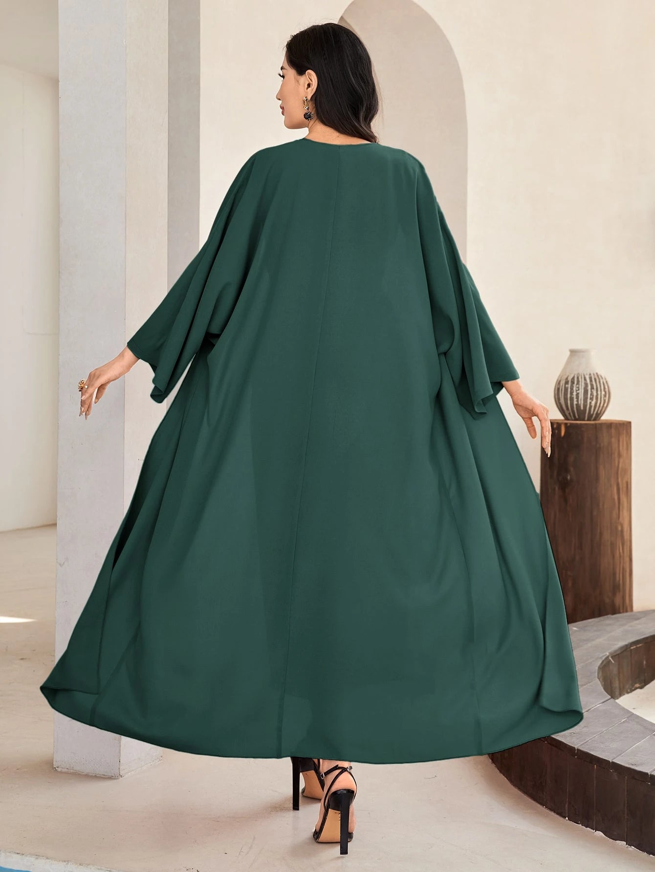 Al Najma Solid Color Bell Sleeve Abaya Dress with Waist Belt