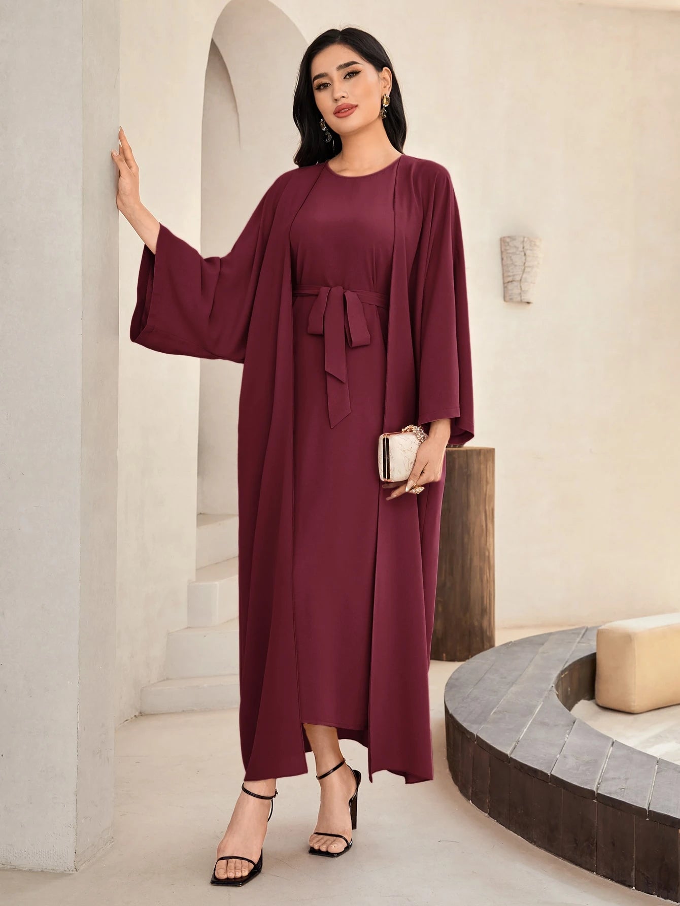 Al Najma Solid Color Bell Sleeve Abaya Dress with Waist Belt