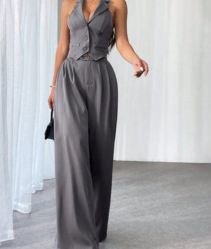 Privé Ladies' Commute Old Money Style Leisure Solid Color Simple Daily Slim-Fit Deep V Neck Sleeveless Blazer and Low Waist Wide-Leg Pants Set Set for Daily Work,Party and Street ,Business , Teacher