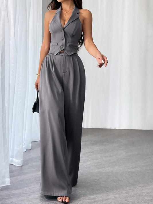 Privé Ladies' Commute Old Money Style Leisure Solid Color Simple Daily Slim-Fit Deep V Neck Sleeveless Blazer and Low Waist Wide-Leg Pants Set Set for Daily Work,Party and Street ,Business , Teacher
