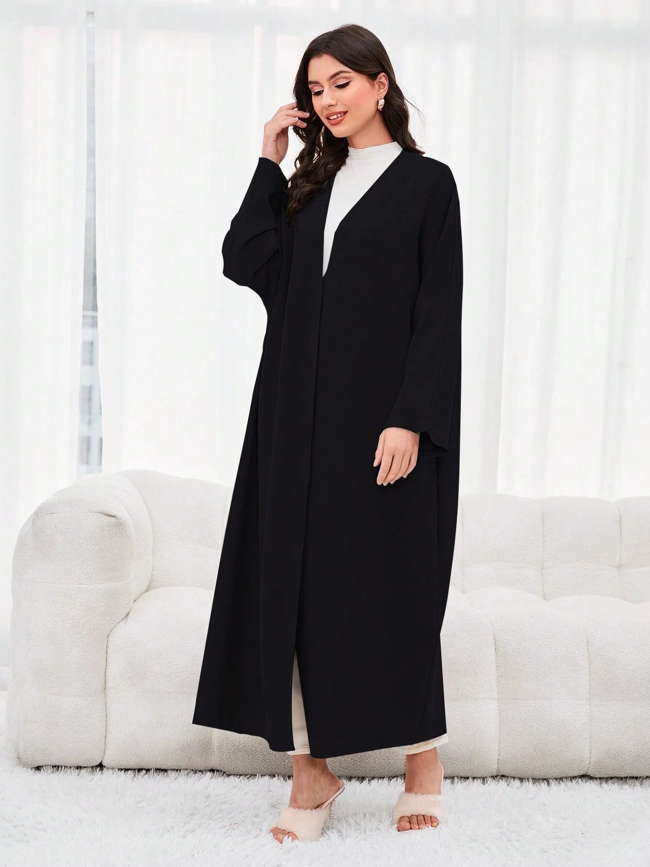 Al Najma Solid Open Front Modest Long Sleeve Arabian Abaya