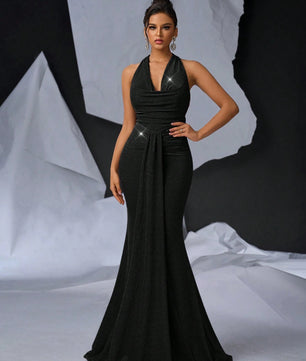 Glamrae Elegant Glittery Knitted Draped Neck Pleated Front Mermaid Maxi Black Formal Dress with Tail for Cocktail Party, Date Night, Wedding, Prom Evening Gown, for Wedding Guest, Graduation, Dinner