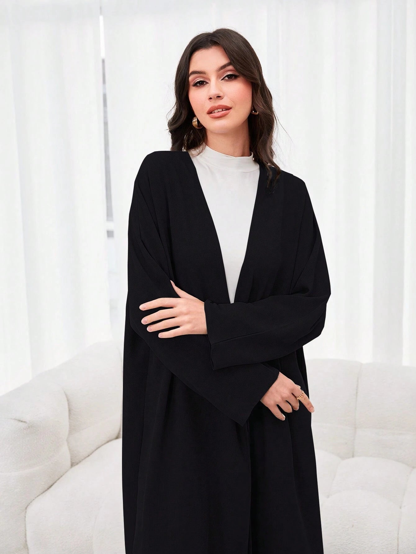 Al Najma Solid Open Front Modest Long Sleeve Arabian Abaya
