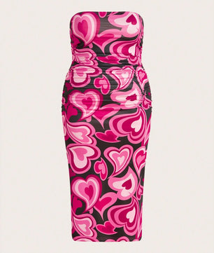 Privé Women'S plus Size Heart Print Ruched Detail Strapless Red Dress