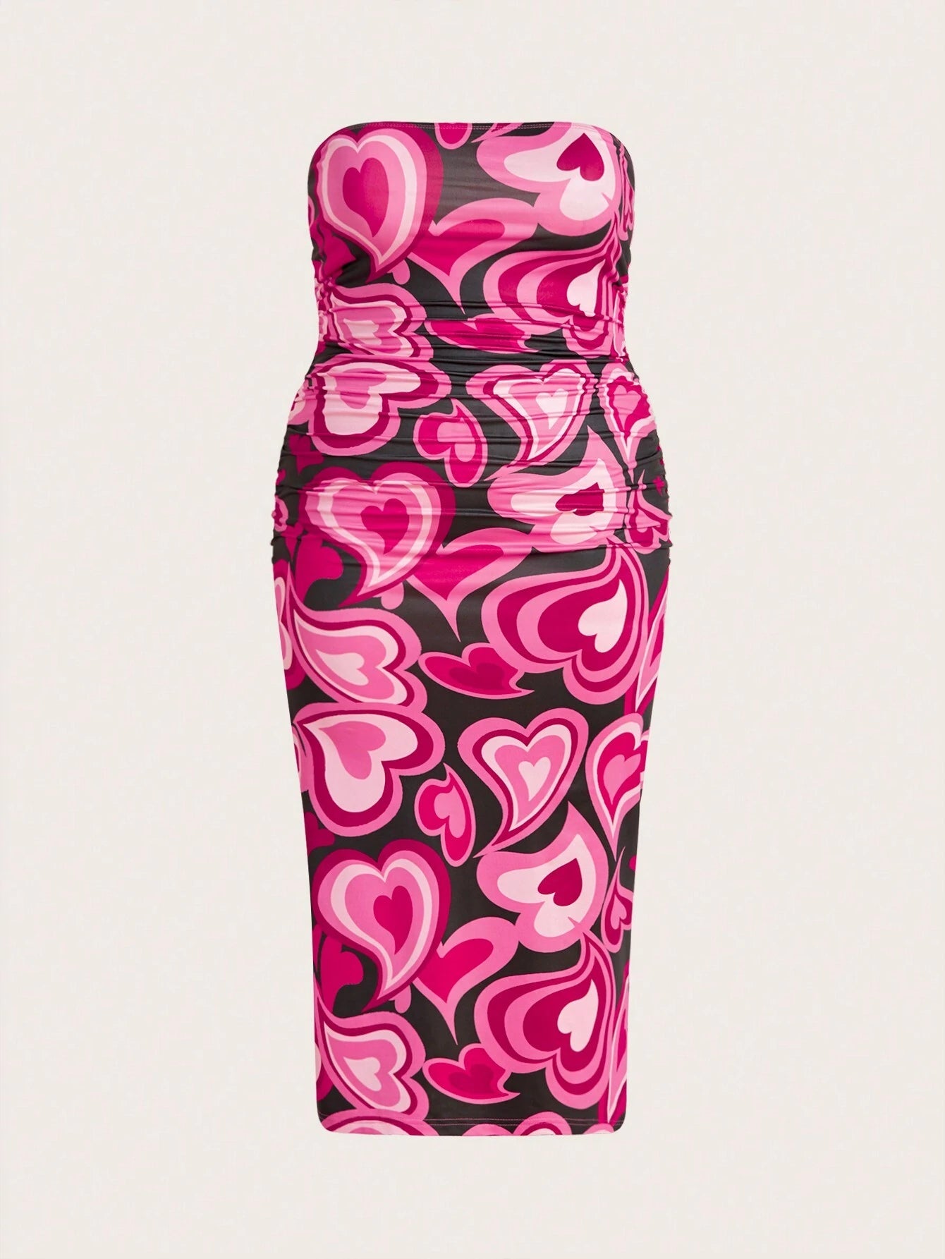 Privé Women'S plus Size Heart Print Ruched Detail Strapless Red Dress