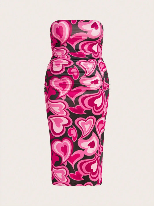 Privé Women'S plus Size Heart Print Ruched Detail Strapless Red Dress