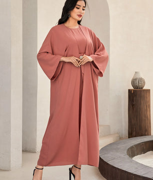 Al Najma Solid Color Bell Sleeve Abaya Dress with Waist Belt