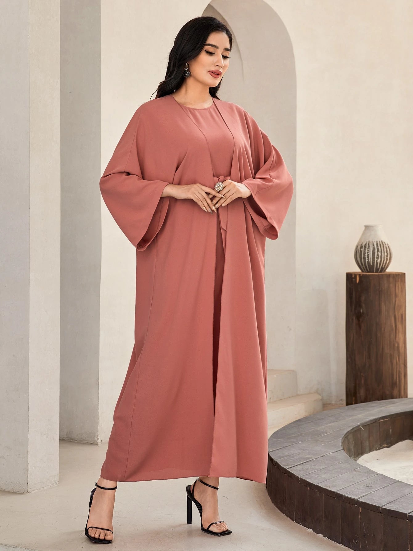Al Najma Solid Color Bell Sleeve Abaya Dress with Waist Belt