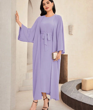 Al Najma Solid Color Bell Sleeve Abaya Dress with Waist Belt
