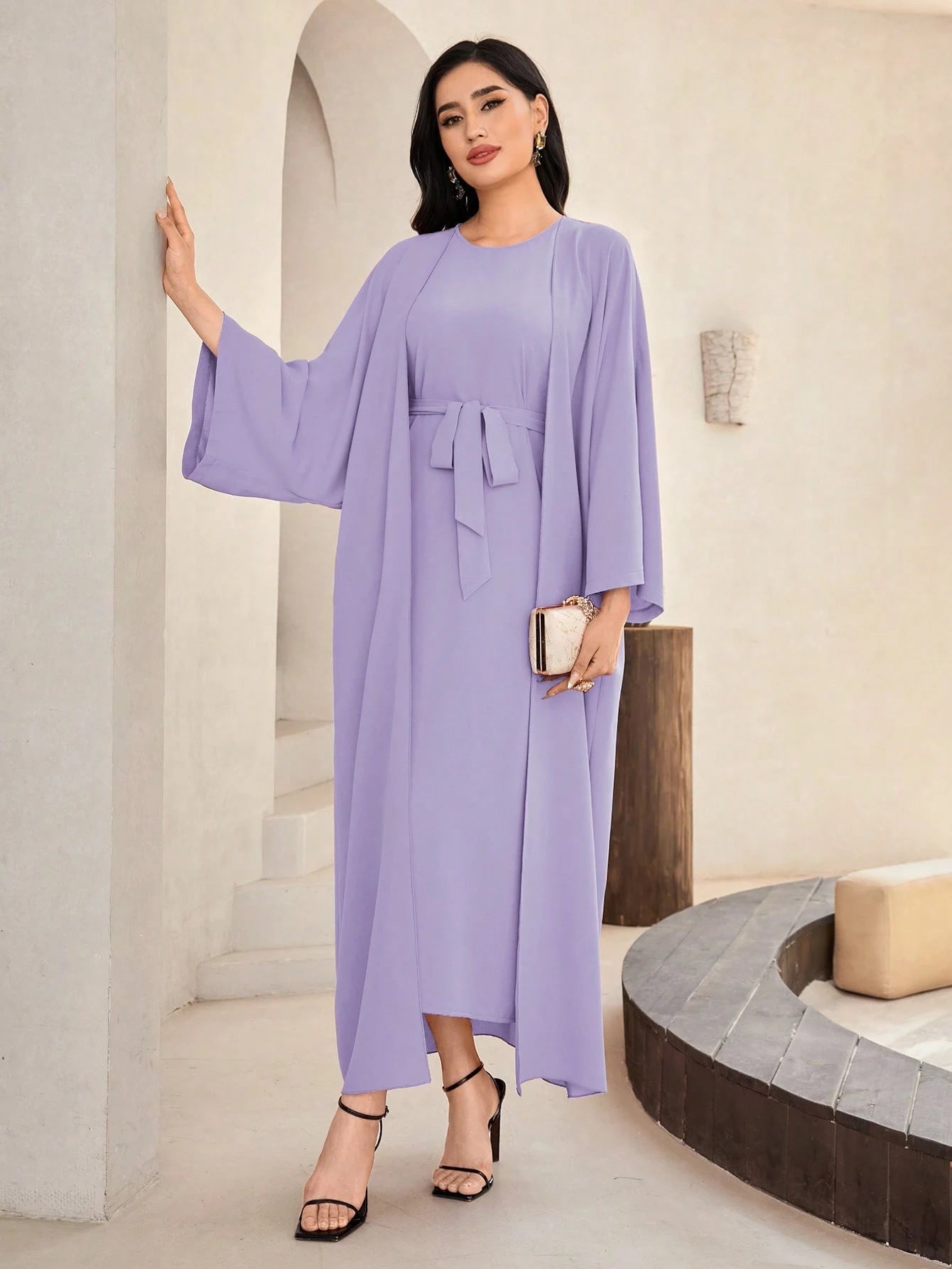 Al Najma Solid Color Bell Sleeve Abaya Dress with Waist Belt