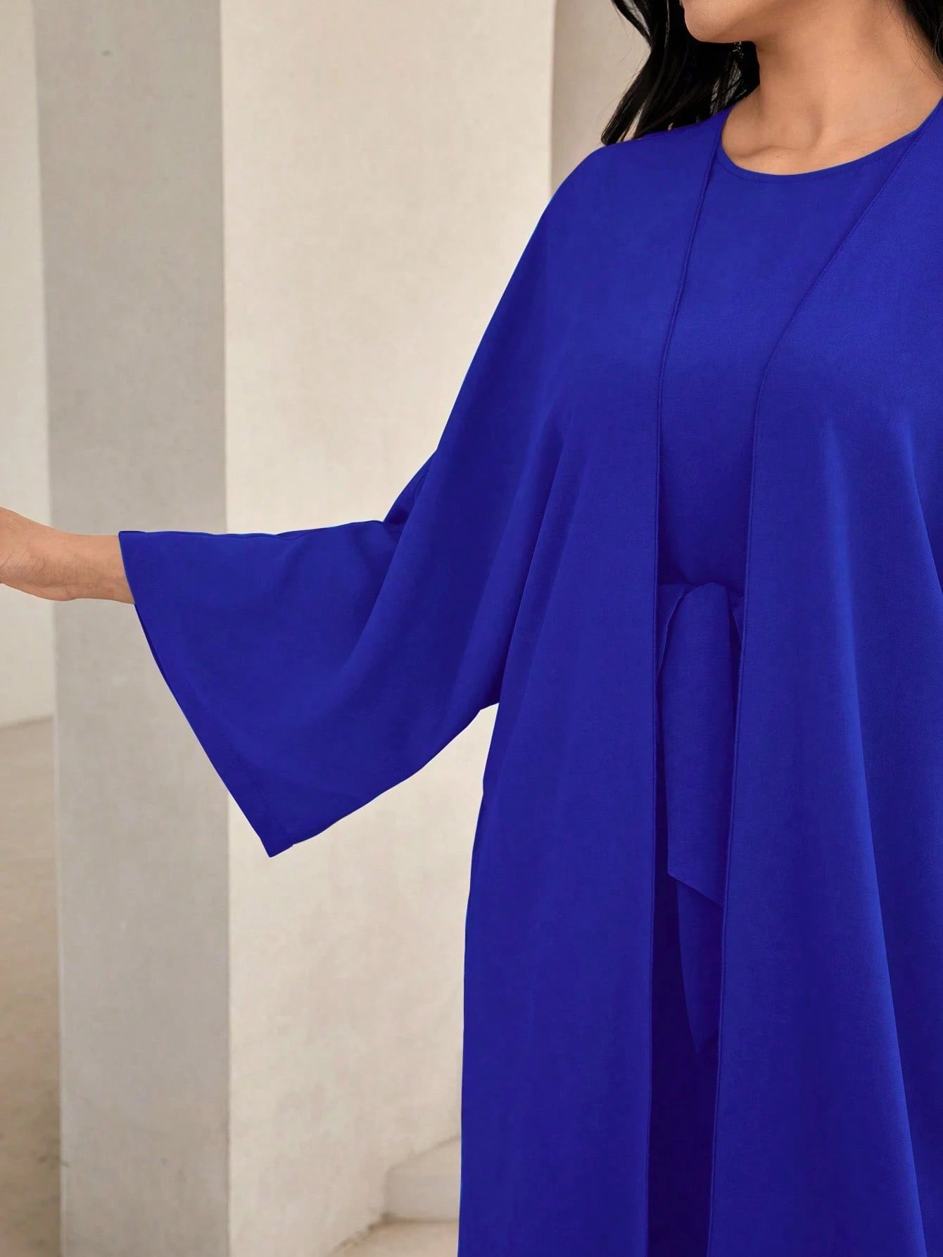 Al Najma Solid Color Bell Sleeve Abaya Dress with Waist Belt
