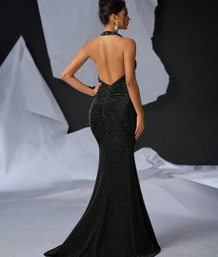 Glamrae Elegant Glittery Knitted Draped Neck Pleated Front Mermaid Maxi Black Formal Dress with Tail for Cocktail Party, Date Night, Wedding, Prom Evening Gown, for Wedding Guest, Graduation, Dinner