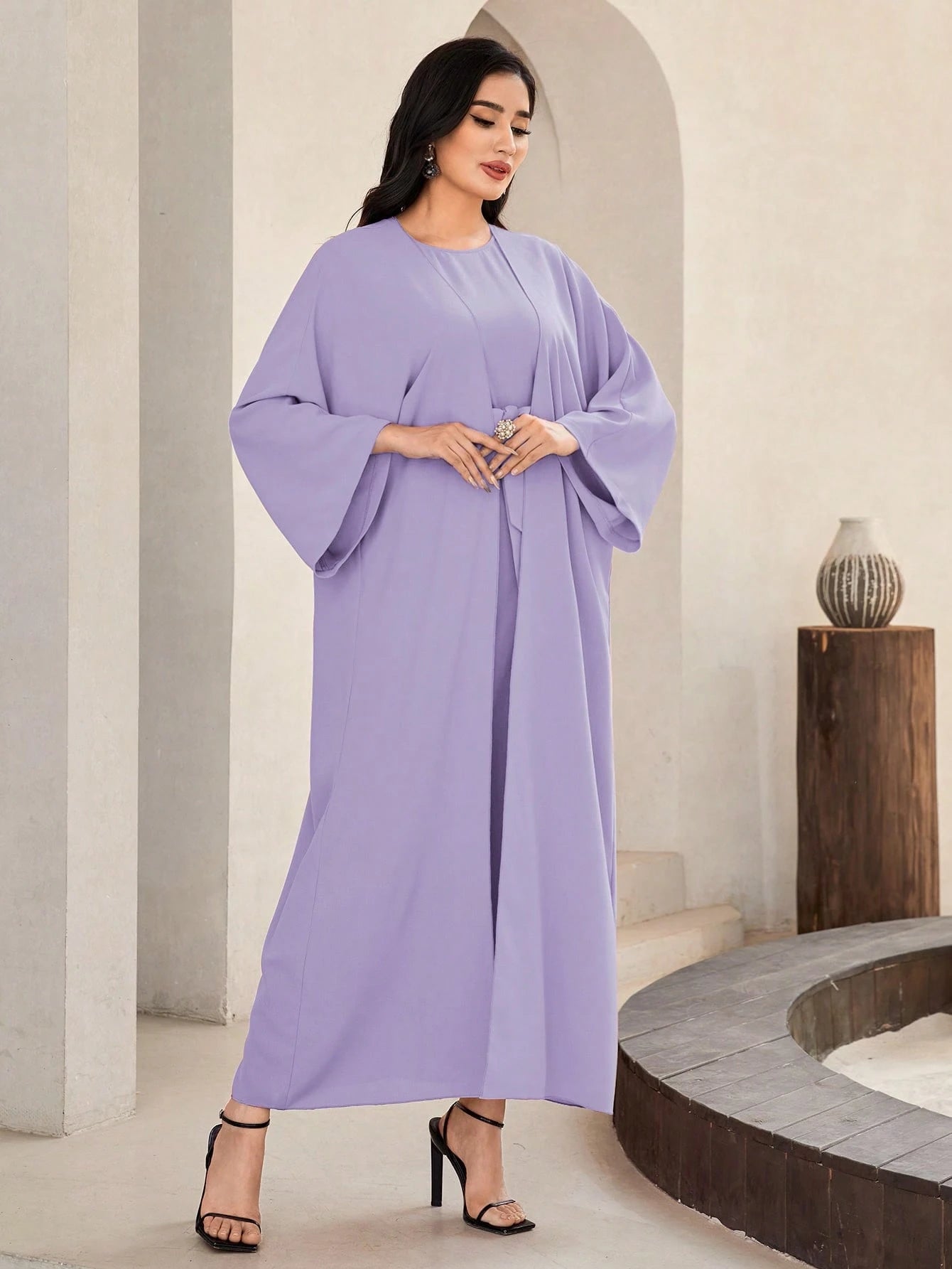 Al Najma Solid Color Bell Sleeve Abaya Dress with Waist Belt