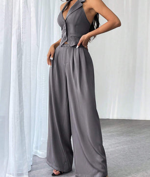 Privé Ladies' Commute Old Money Style Leisure Solid Color Simple Daily Slim-Fit Deep V Neck Sleeveless Blazer and Low Waist Wide-Leg Pants Set Set for Daily Work,Party and Street ,Business , Teacher