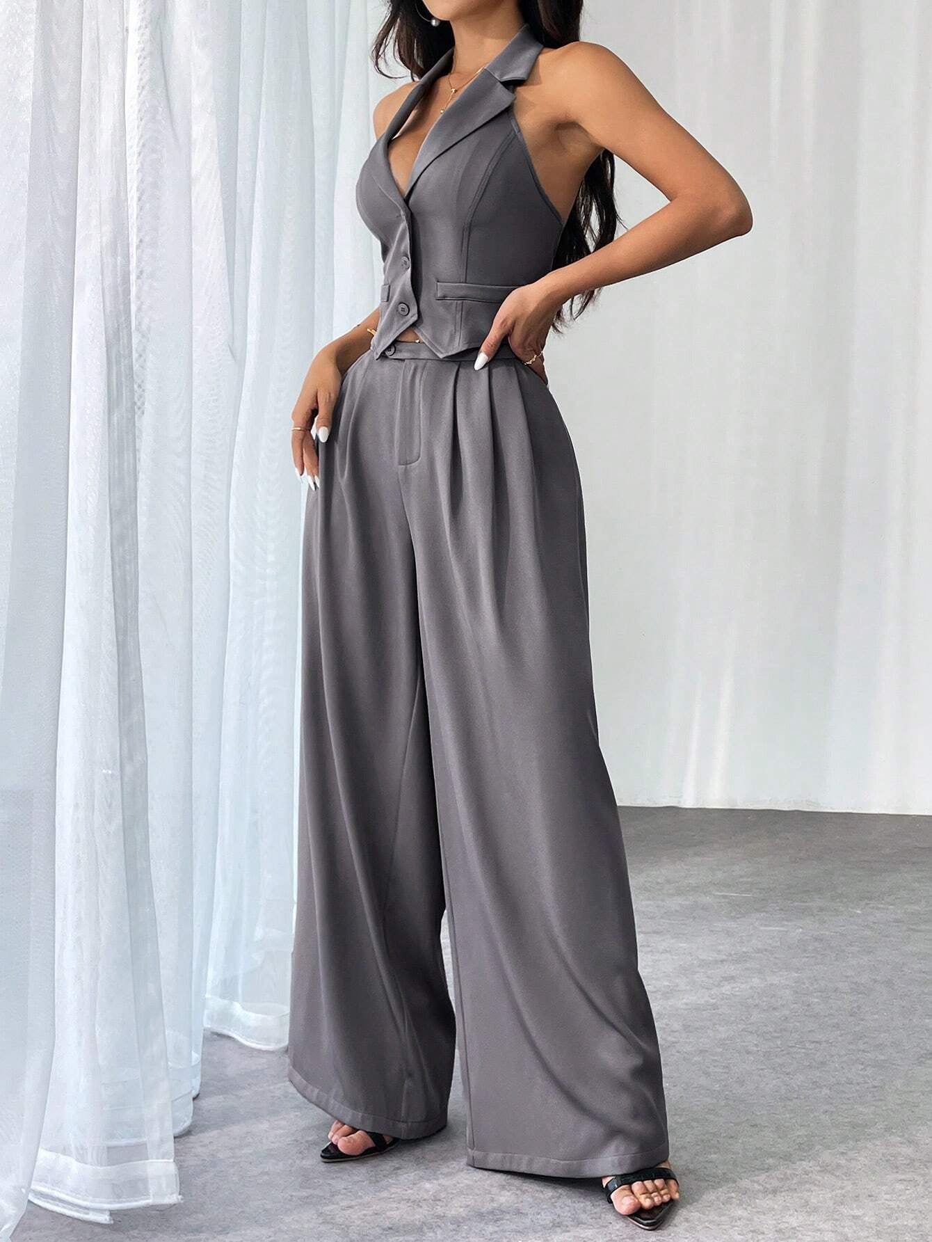 Privé Ladies' Commute Old Money Style Leisure Solid Color Simple Daily Slim-Fit Deep V Neck Sleeveless Blazer and Low Waist Wide-Leg Pants Set Set for Daily Work,Party and Street ,Business , Teacher