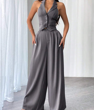 Privé Ladies' Commute Old Money Style Leisure Solid Color Simple Daily Slim-Fit Deep V Neck Sleeveless Blazer and Low Waist Wide-Leg Pants Set Set for Daily Work,Party and Street ,Business , Teacher