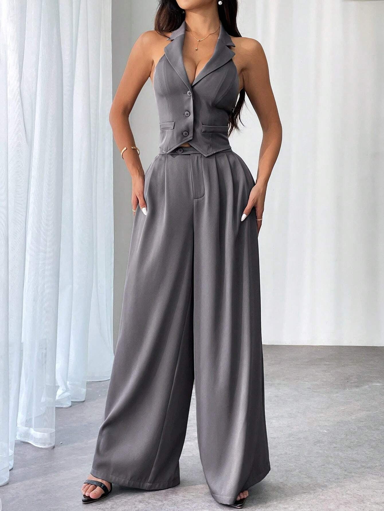 Privé Ladies' Commute Old Money Style Leisure Solid Color Simple Daily Slim-Fit Deep V Neck Sleeveless Blazer and Low Waist Wide-Leg Pants Set Set for Daily Work,Party and Street ,Business , Teacher
