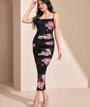 Modelyn Floral Print Cami Bodycon Dress & Open Front Coat Two Pieces 2 Pieces Set
