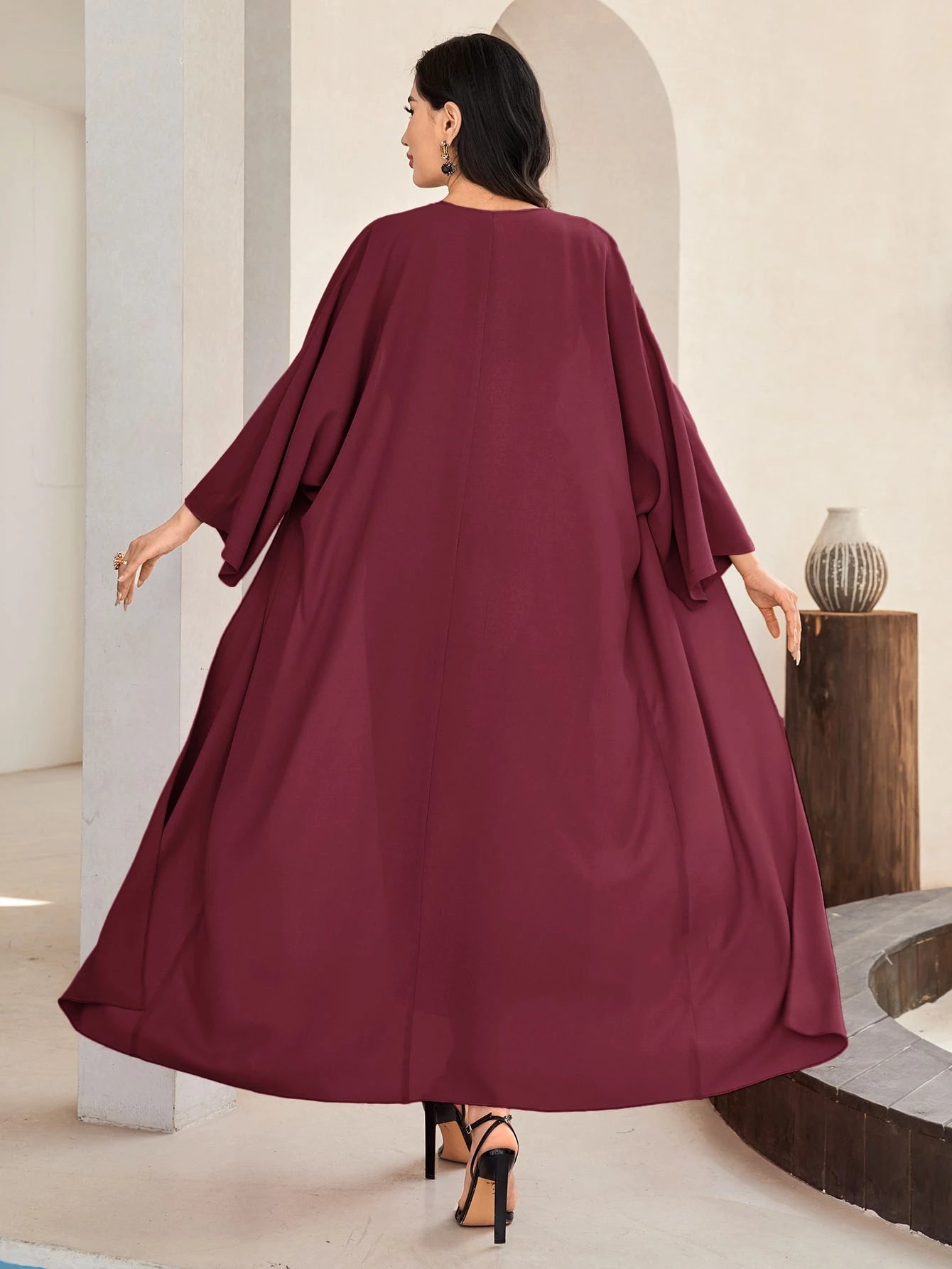 Al Najma Solid Color Bell Sleeve Abaya Dress with Waist Belt