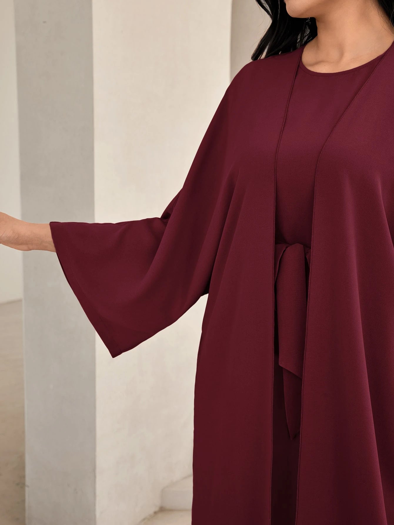 Al Najma Solid Color Bell Sleeve Abaya Dress with Waist Belt
