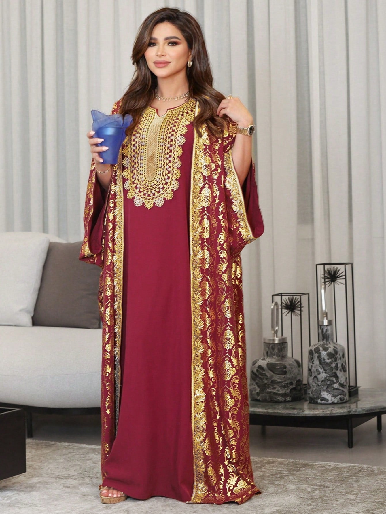 Al Najma Women'S Modest Arabian Dress Kaftan with Gold Print Abaya, Fashion for Casual/Festival/Gathering/Travel