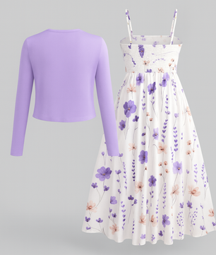 ZUREE Elegant Ditsy Floral Maxi Dress & Lilac Cardigan – 2-Piece Set