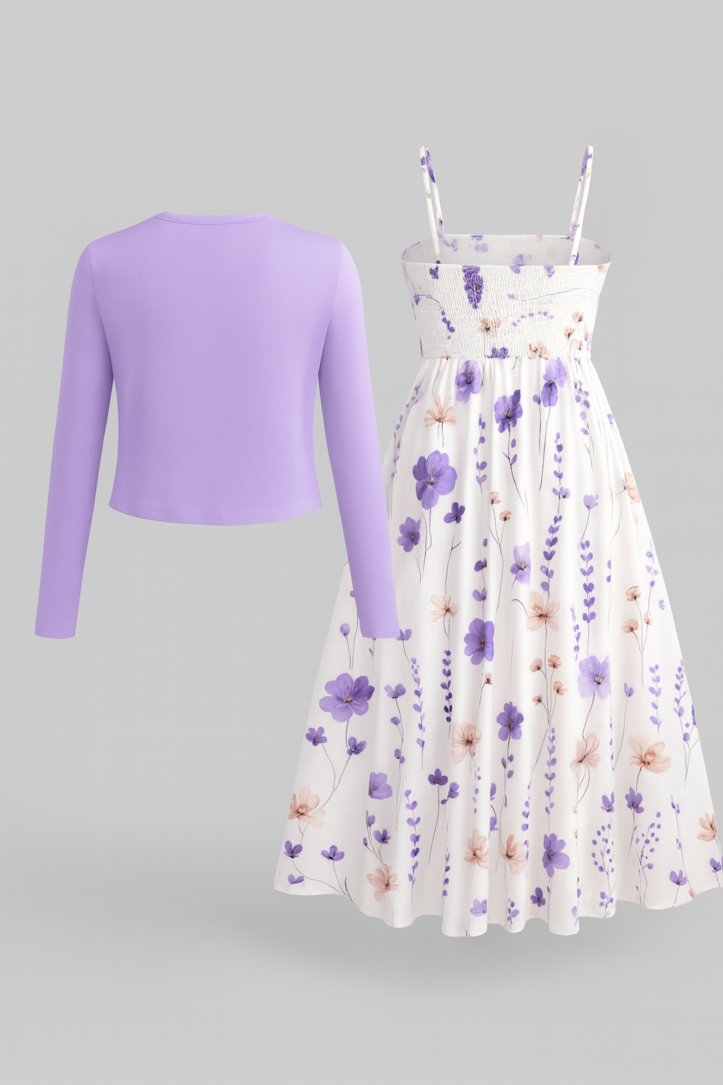 ZUREE Elegant Ditsy Floral Maxi Dress & Lilac Cardigan – 2-Piece Set