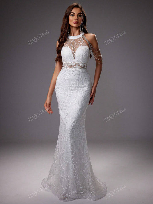 UNITHORSE Elegant, Gorgeous and Romantic, White Color, Off-Shoulder Sleeveless, Mermaid Tail Design, See-Through Elastic Lace Breast Cup, Chain Decor Embroidery Mesh Wedding Dress Gown, All White Party Outfit Women
