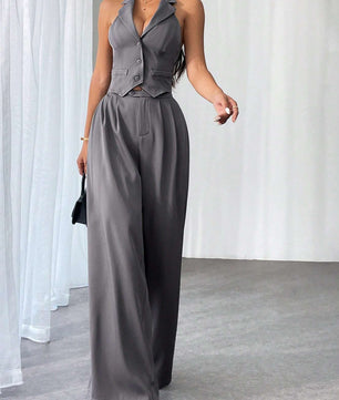 Privé Ladies' Commute Old Money Style Leisure Solid Color Simple Daily Slim-Fit Deep V Neck Sleeveless Blazer and Low Waist Wide-Leg Pants Set Set for Daily Work,Party and Street ,Business , Teacher