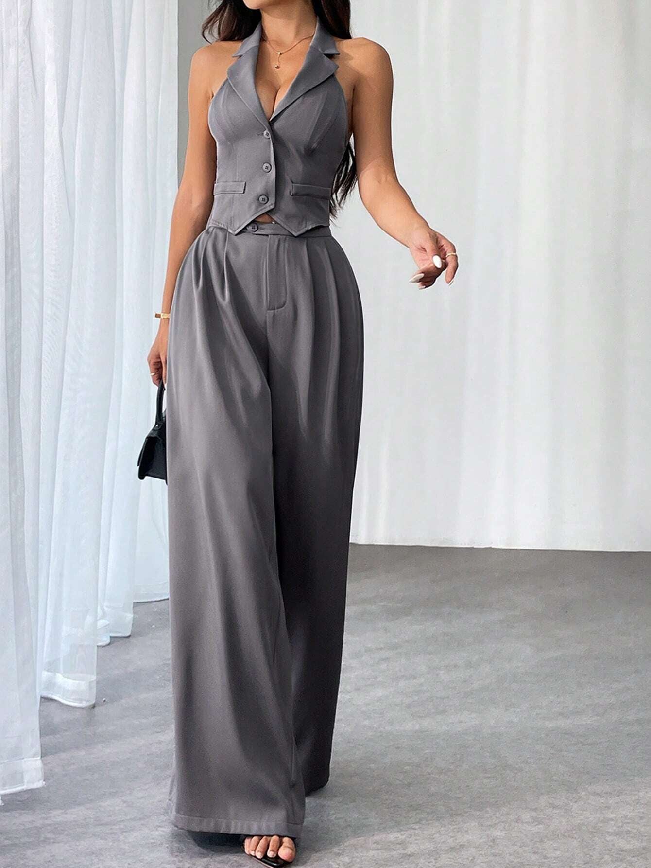Privé Ladies' Commute Old Money Style Leisure Solid Color Simple Daily Slim-Fit Deep V Neck Sleeveless Blazer and Low Waist Wide-Leg Pants Set Set for Daily Work,Party and Street ,Business , Teacher