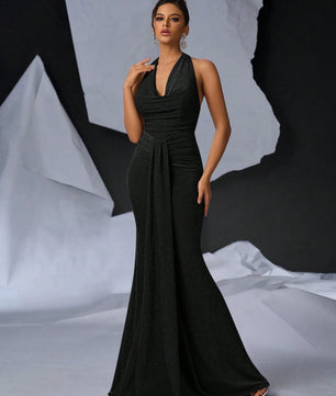 Glamrae Elegant Glittery Knitted Draped Neck Pleated Front Mermaid Maxi Black Formal Dress with Tail for Cocktail Party, Date Night, Wedding, Prom Evening Gown, for Wedding Guest, Graduation, Dinner