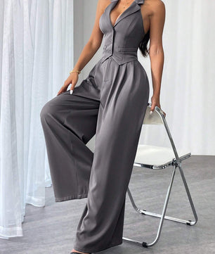 Privé Ladies' Commute Old Money Style Leisure Solid Color Simple Daily Slim-Fit Deep V Neck Sleeveless Blazer and Low Waist Wide-Leg Pants Set Set for Daily Work,Party and Street ,Business , Teacher