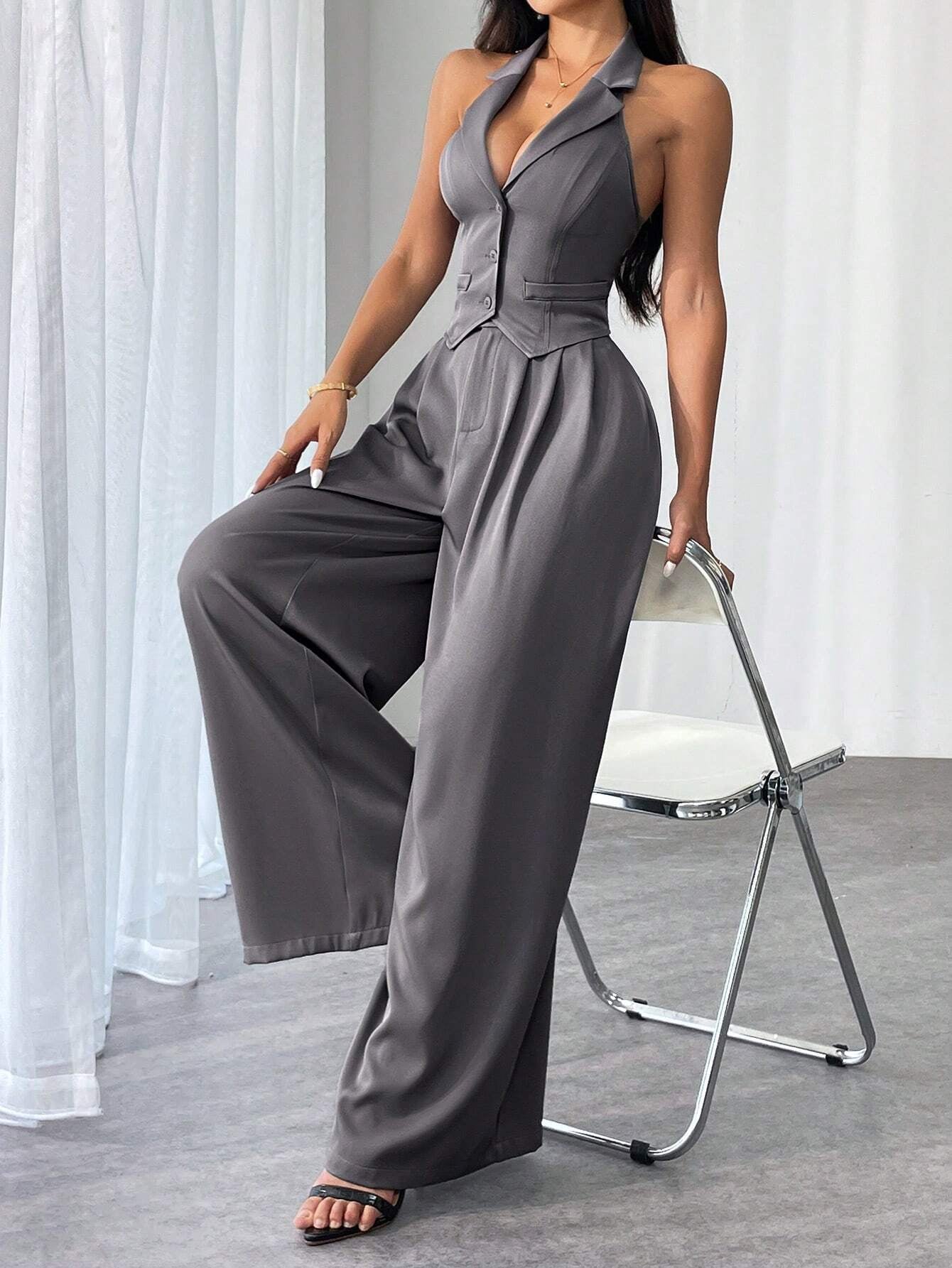 Privé Ladies' Commute Old Money Style Leisure Solid Color Simple Daily Slim-Fit Deep V Neck Sleeveless Blazer and Low Waist Wide-Leg Pants Set Set for Daily Work,Party and Street ,Business , Teacher