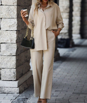 LUNE Solid Button Front Shirt & Wide Leg Pants