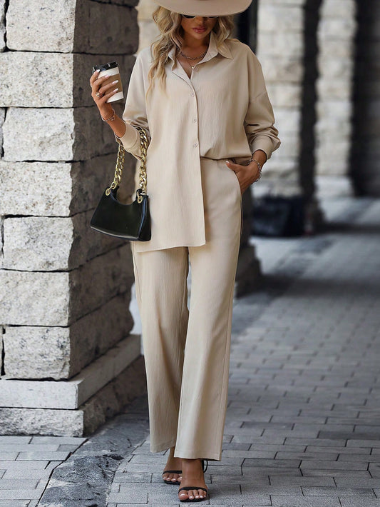 LUNE Solid Button Front Shirt & Wide Leg Pants
