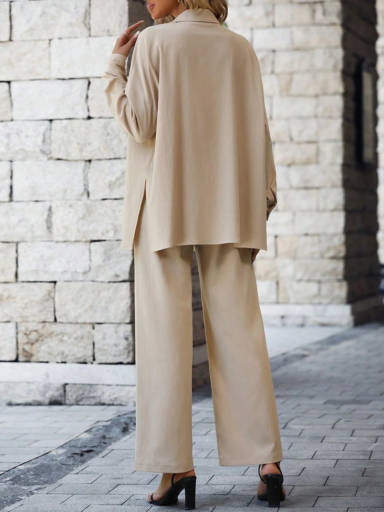 LUNE Solid Button Front Shirt & Wide Leg Pants