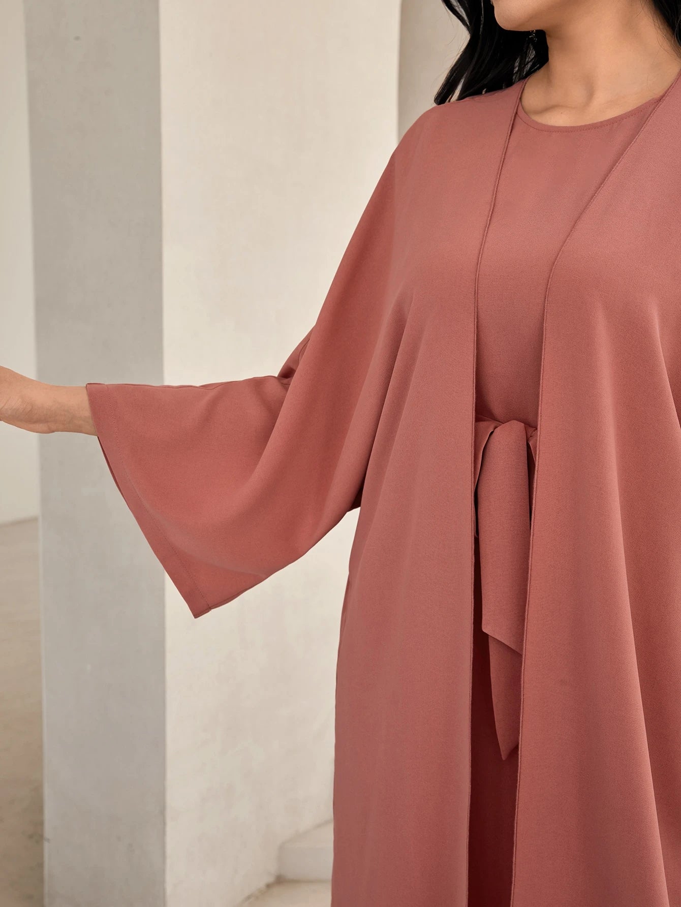 Al Najma Solid Color Bell Sleeve Abaya Dress with Waist Belt