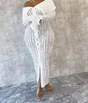 Distinctive Jacquard Knit Off-Shoulder Bodycon Dress