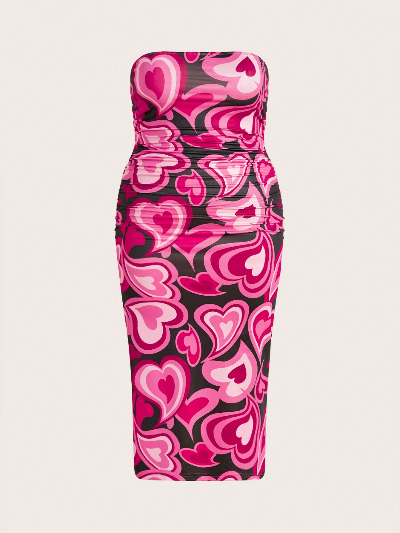 Privé Women'S plus Size Heart Print Ruched Detail Strapless Red Dress