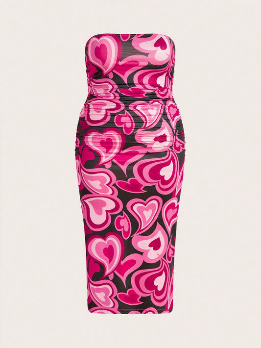 Privé Women'S plus Size Heart Print Ruched Detail Strapless Red Dress