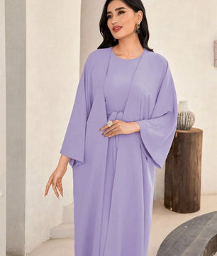 Al Najma Solid Color Bell Sleeve Abaya Dress with Waist Belt